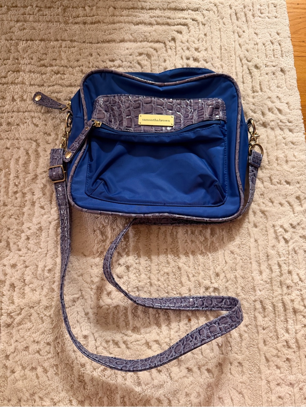 Samantha Brown Blue Crossbody Bag with Croc-Embossed Trim